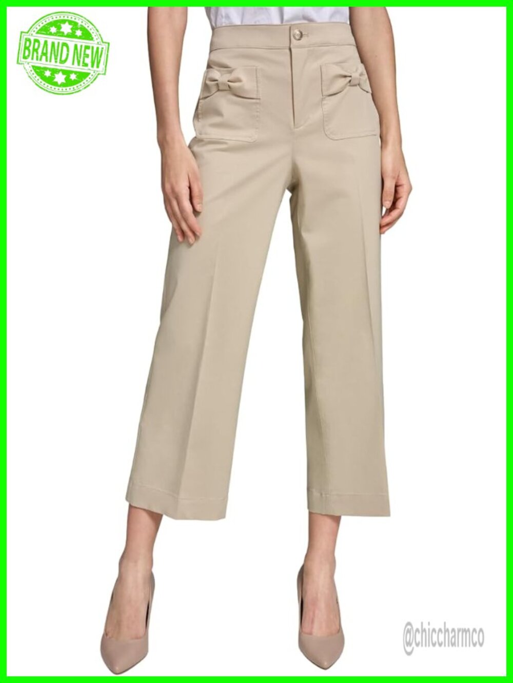 Dainty Bow Pocket Pant, Cotton Blend Straight Leg Mid Rise